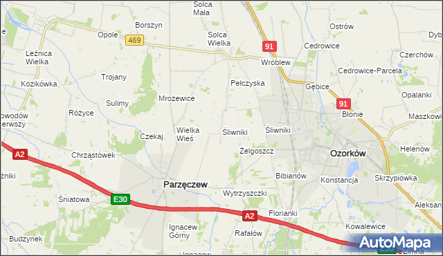 mapa Śliwniki gmina Parzęczew, Śliwniki gmina Parzęczew na mapie Targeo