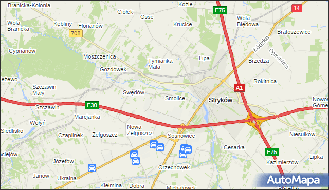 mapa Smolice gmina Stryków, Smolice gmina Stryków na mapie Targeo