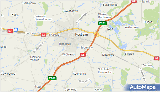 mapa Strumiany gmina Kostrzyn, Strumiany gmina Kostrzyn na mapie Targeo