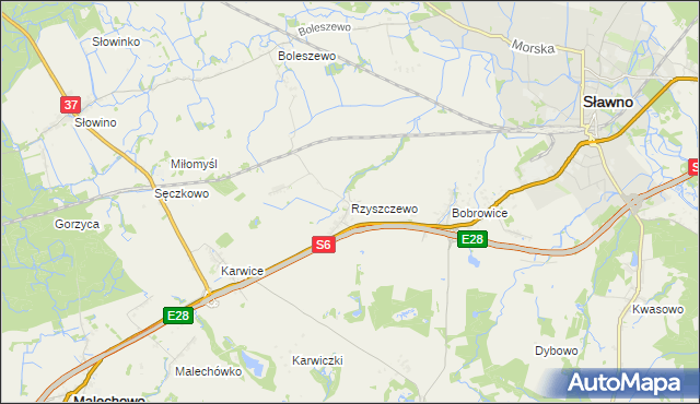 mapa Rzyszczewo gmina Sławno, Rzyszczewo gmina Sławno na mapie Targeo