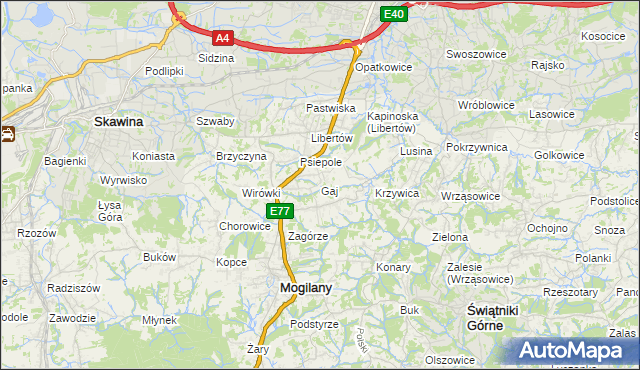 mapa Gaj gmina Mogilany, Gaj gmina Mogilany na mapie Targeo