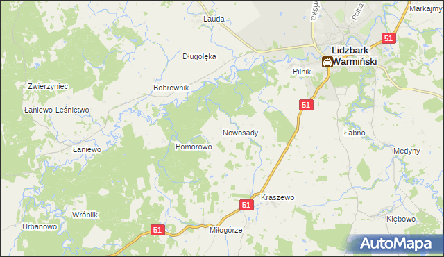 mapa Nowosady gmina Lidzbark Warmiński, Nowosady gmina Lidzbark Warmiński na mapie Targeo