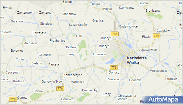 mapa Słonowice gmina Kazimierza Wielka, Słonowice gmina Kazimierza Wielka na mapie Targeo