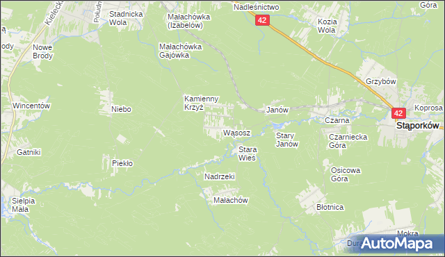 mapa Wąsosz gmina Końskie, Wąsosz gmina Końskie na mapie Targeo