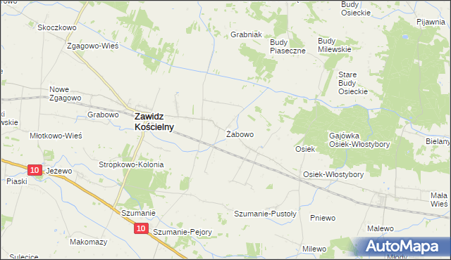 mapa Żabowo gmina Zawidz, Żabowo gmina Zawidz na mapie Targeo