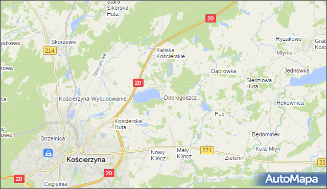 mapa Dobrogoszcz gmina Kościerzyna, Dobrogoszcz gmina Kościerzyna na mapie Targeo