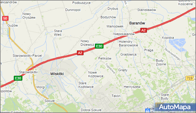 mapa Feliksów gmina Wiskitki, Feliksów gmina Wiskitki na mapie Targeo