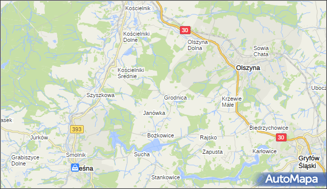 mapa Grodnica gmina Olszyna, Grodnica gmina Olszyna na mapie Targeo