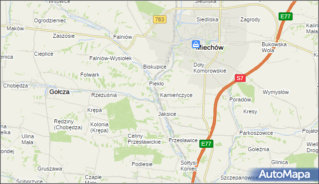 mapa Kamieńczyce gmina Miechów, Kamieńczyce gmina Miechów na mapie Targeo