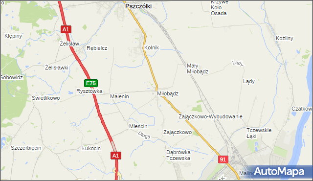 mapa Miłobądz gmina Tczew, Miłobądz gmina Tczew na mapie Targeo