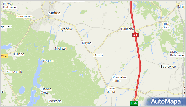 mapa Mirotki gmina Skórcz, Mirotki gmina Skórcz na mapie Targeo