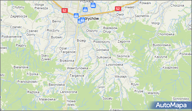 mapa Sułkowice gmina Andrychów, Sułkowice gmina Andrychów na mapie Targeo