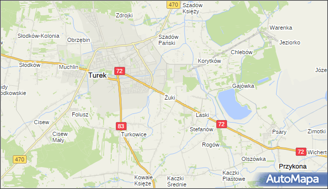 mapa Żuki gmina Turek, Żuki gmina Turek na mapie Targeo