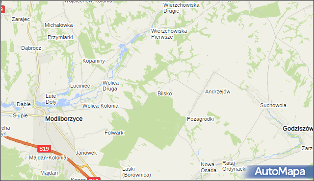 mapa Bilsko gmina Modliborzyce, Bilsko gmina Modliborzyce na mapie Targeo