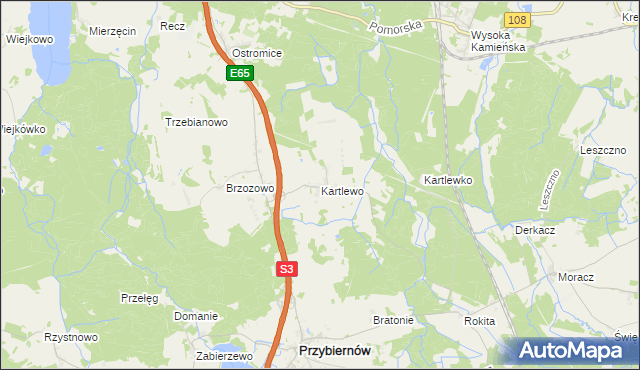 mapa Kartlewo gmina Przybiernów, Kartlewo gmina Przybiernów na mapie Targeo