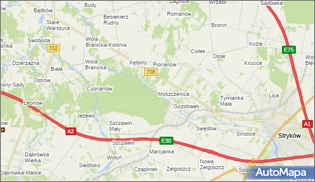 mapa Moszczenica gmina Zgierz, Moszczenica gmina Zgierz na mapie Targeo