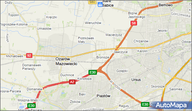mapa Bronisze gmina Ożarów Mazowiecki, Bronisze gmina Ożarów Mazowiecki na mapie Targeo