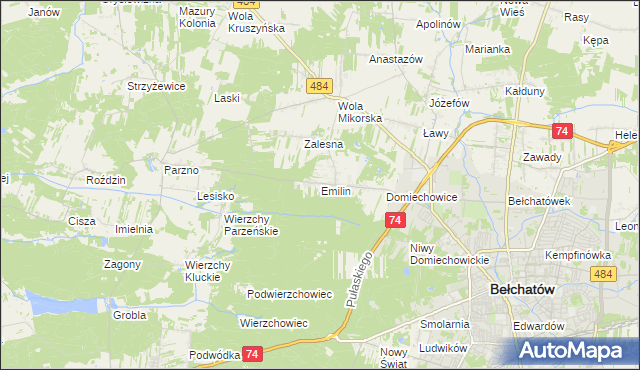 mapa Emilin gmina Bełchatów, Emilin gmina Bełchatów na mapie Targeo