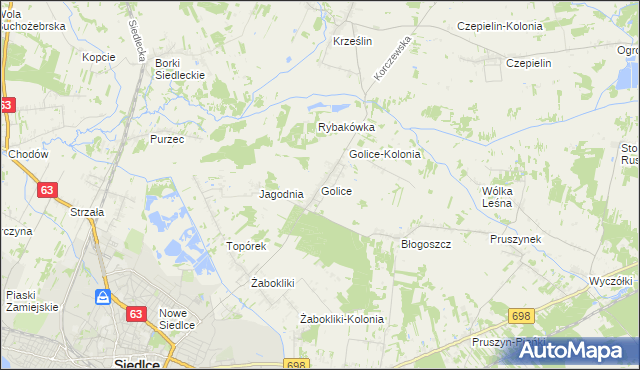 mapa Golice gmina Siedlce, Golice gmina Siedlce na mapie Targeo