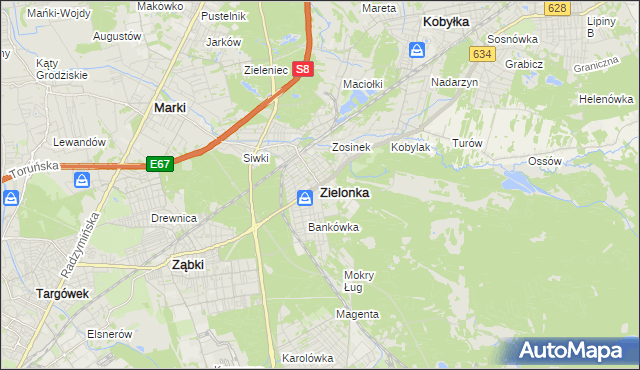 mapa Zielonka powiat wołomiński, Zielonka powiat wołomiński na mapie Targeo