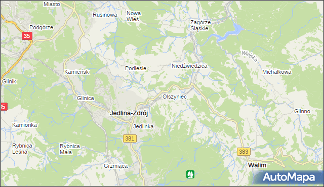 mapa Olszyniec gmina Walim, Olszyniec gmina Walim na mapie Targeo
