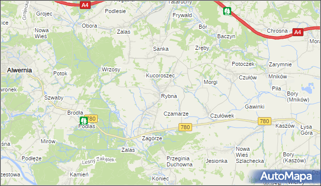 mapa Rybna gmina Czernichów, Rybna gmina Czernichów na mapie Targeo