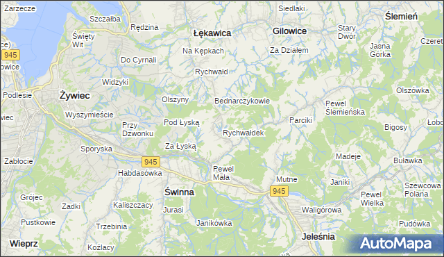 mapa Rychwałdek, Rychwałdek na mapie Targeo