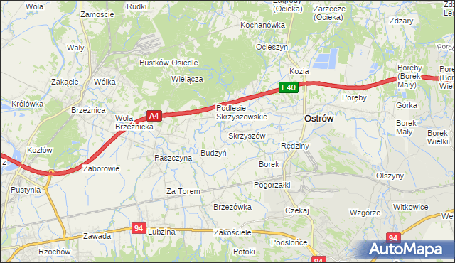 mapa Skrzyszów gmina Ostrów, Skrzyszów gmina Ostrów na mapie Targeo