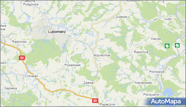 mapa Wojciechów gmina Lubomierz, Wojciechów gmina Lubomierz na mapie Targeo