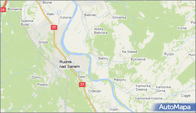 mapa Bieliny gmina Ulanów, Bieliny gmina Ulanów na mapie Targeo