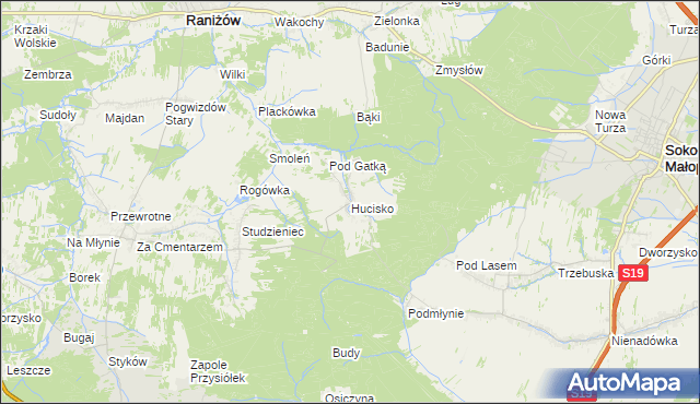mapa Hucisko gmina Głogów Małopolski, Hucisko gmina Głogów Małopolski na mapie Targeo