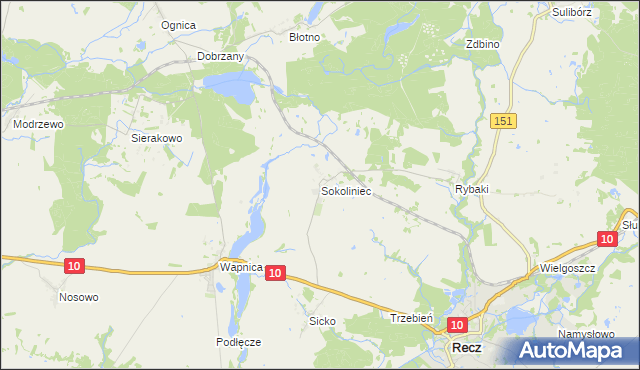 mapa Sokoliniec gmina Recz, Sokoliniec gmina Recz na mapie Targeo