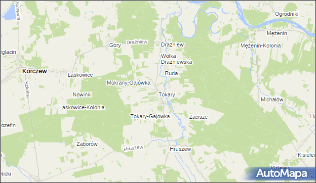 mapa Tokary gmina Korczew, Tokary gmina Korczew na mapie Targeo