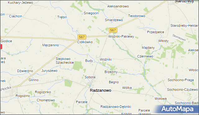 mapa Woźniki gmina Radzanowo, Woźniki gmina Radzanowo na mapie Targeo