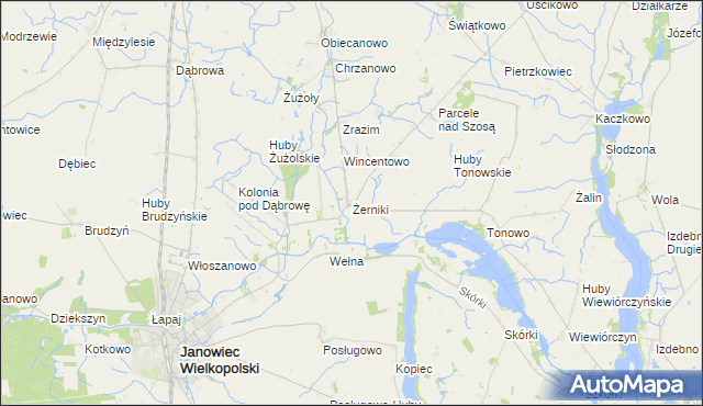 mapa Żerniki gmina Janowiec Wielkopolski, Żerniki gmina Janowiec Wielkopolski na mapie Targeo