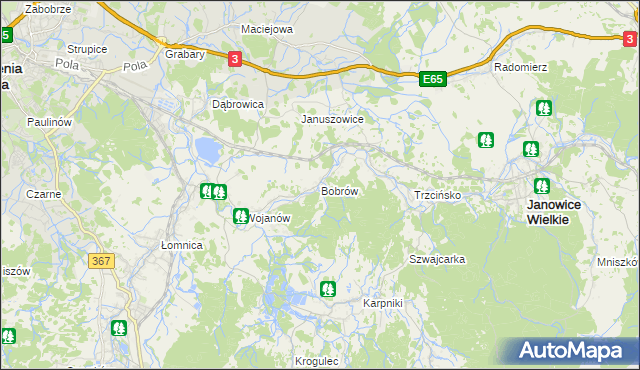 mapa Bobrów gmina Mysłakowice, Bobrów gmina Mysłakowice na mapie Targeo