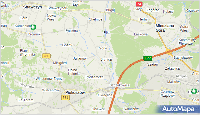 mapa Brynica gmina Piekoszów, Brynica gmina Piekoszów na mapie Targeo