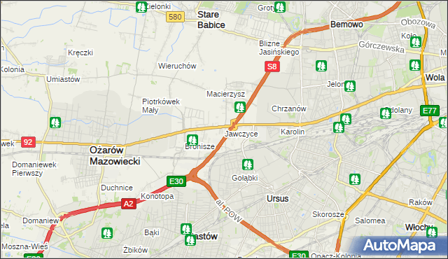 mapa Jawczyce gmina Ożarów Mazowiecki, Jawczyce gmina Ożarów Mazowiecki na mapie Targeo