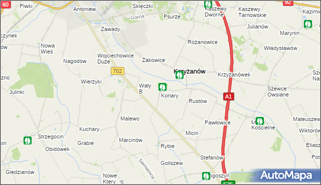 mapa Konary gmina Krzyżanów, Konary gmina Krzyżanów na mapie Targeo