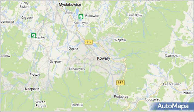 mapa Kowary powiat jeleniogórski, Kowary powiat jeleniogórski na mapie Targeo