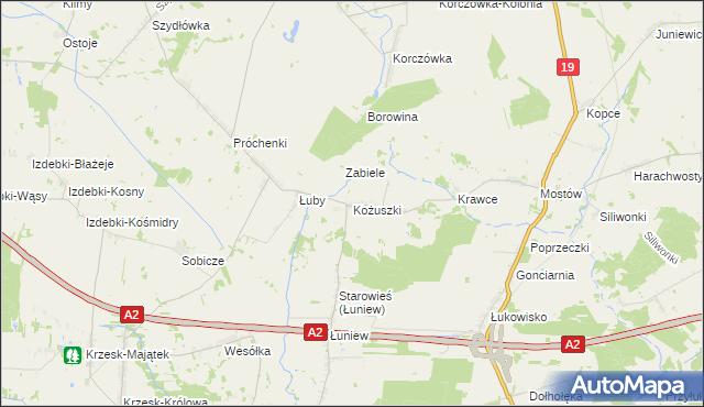 mapa Kożuszki gmina Międzyrzec Podlaski, Kożuszki gmina Międzyrzec Podlaski na mapie Targeo