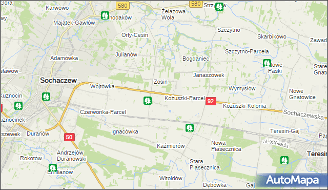 mapa Kożuszki-Parcel, Kożuszki-Parcel na mapie Targeo