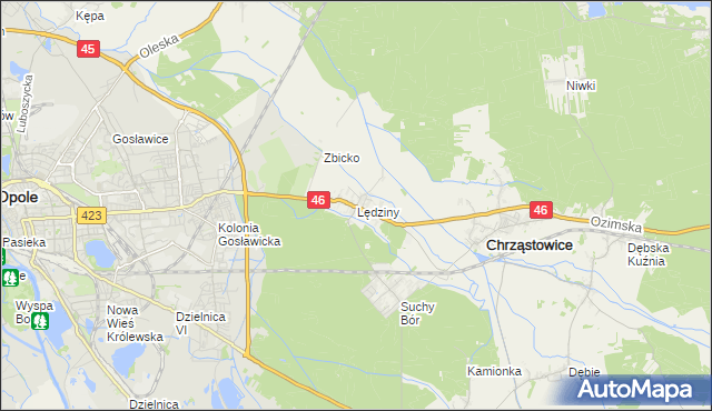 mapa Lędziny gmina Chrząstowice, Lędziny gmina Chrząstowice na mapie Targeo