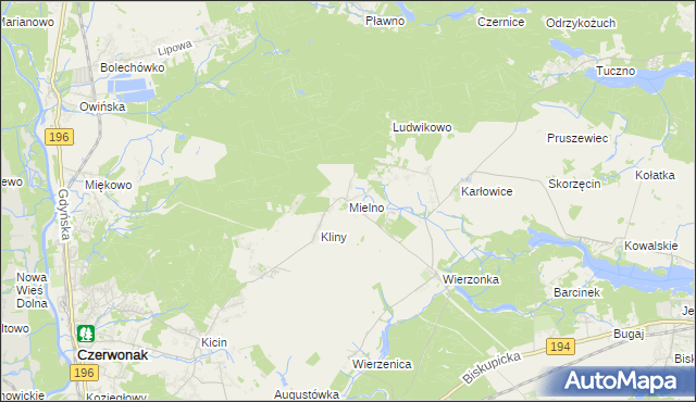 mapa Mielno gmina Czerwonak, Mielno gmina Czerwonak na mapie Targeo