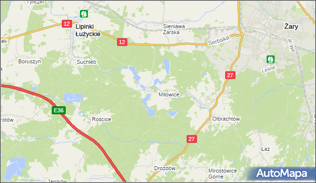 mapa Miłowice gmina Żary, Miłowice gmina Żary na mapie Targeo