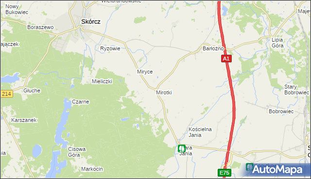 mapa Mirotki gmina Skórcz, Mirotki gmina Skórcz na mapie Targeo