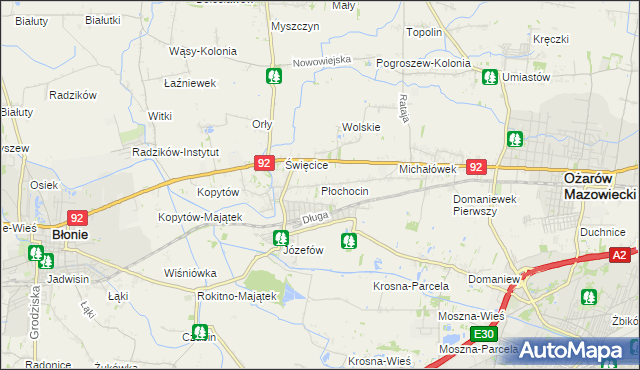 mapa Płochocin gmina Ożarów Mazowiecki, Płochocin gmina Ożarów Mazowiecki na mapie Targeo