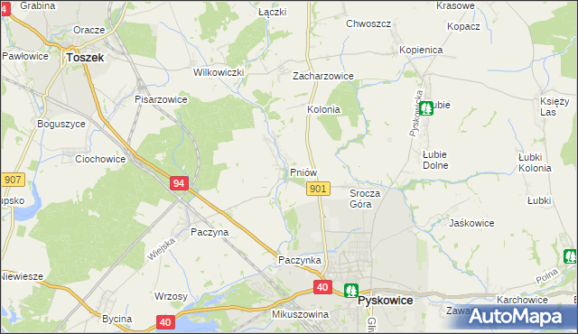 mapa Pniów gmina Toszek, Pniów gmina Toszek na mapie Targeo