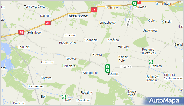 mapa Rawka gmina Słupia, Rawka gmina Słupia na mapie Targeo