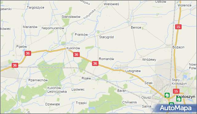 mapa Romanów gmina Krotoszyn, Romanów gmina Krotoszyn na mapie Targeo